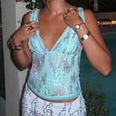 BXOXO Girls Deep V Neck Slim Sequins Overlay Crop Top Glitter Backless Sequins Cami Top Club Vest Festival Outfits Clubwear